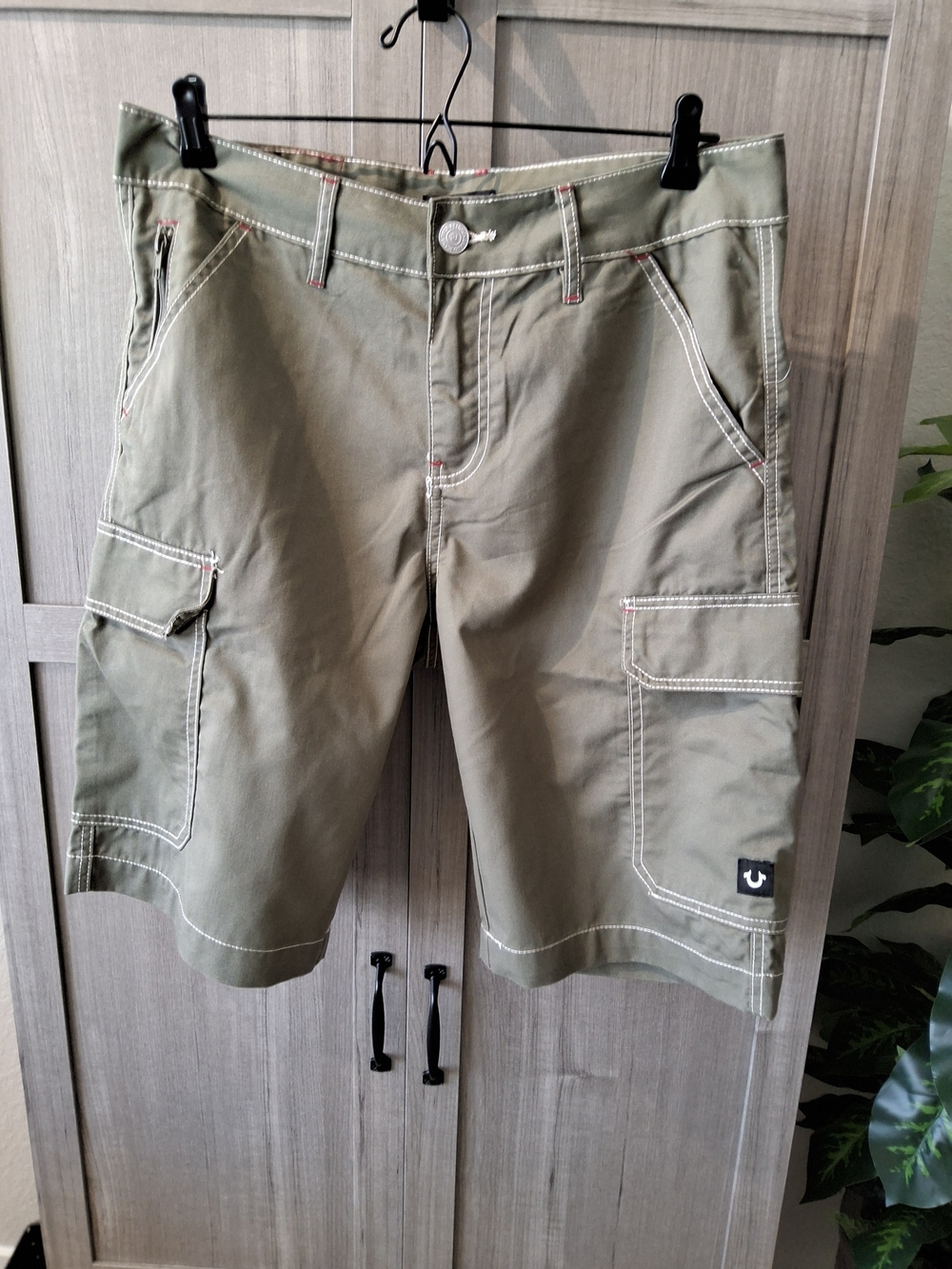 True Religion Olive Cargo Shorts with Contrast Stitching